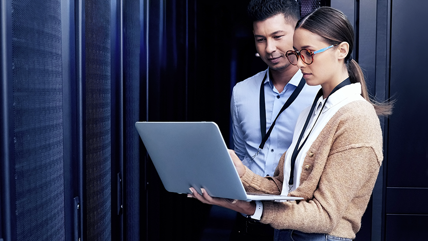 Employee collaborating over laptop
